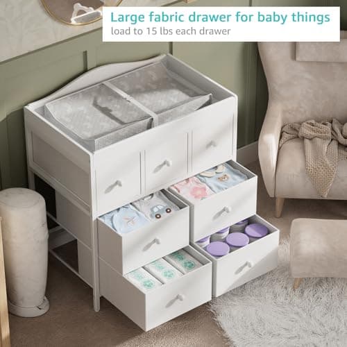 BOLUO Changing Table Dresser with Storage, Baby Dresser with Changing Table Top Diaper Changing Station with 7 Fabric Drawers for Nursery Modern 5