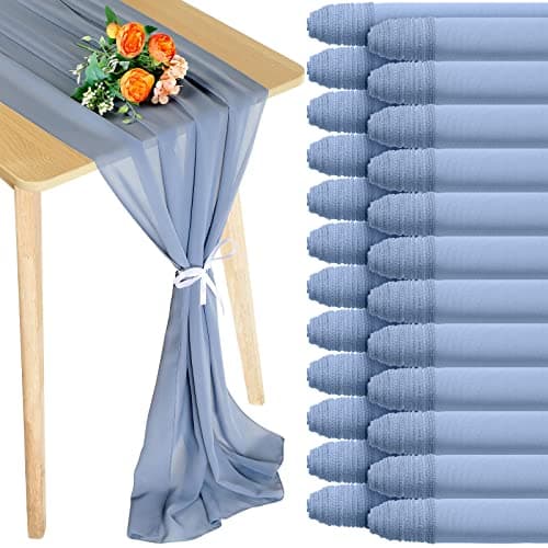 Chumia 24 Pack Chiffon Table Runners Romantic Sheer Table Decorations Long Tulle Runner for Wedding Bridal Shower Party Supplies Decor, 118 x 12 Inches(Dusty Blue)