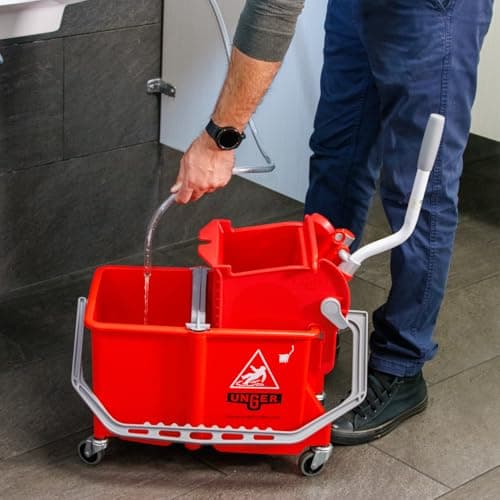 Unger Commercial - SmartColor Dual-Compartment Restroom Mop Bucket with Side-Press Wringer, 16 qt, Red - Restroom Cleaning - COMSR 9