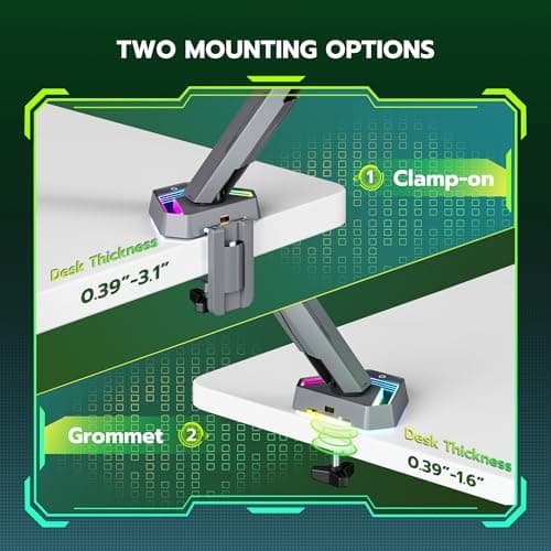 ARES WING RGB Single Monitor Arm Desk Mount for 17-45 inches Flat and Curved Monitors, Holds 35.2 lbs Heavy Duty, Adjustable Ultrawide Monitor Arm with Clamp & Grommet Base, 75/100 VESA Mount, Gray 7