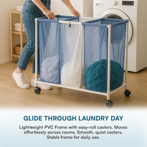 Honey-Can-Do HMP-01629 3 bag mesh laundry sorter, 30.5" x 15.3" x 30" , Blue/White 7