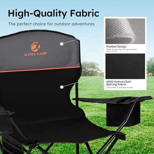 ALPHA CAMP Camping Chairs 2 Pack, Heavy Duty Folding Chair with 3-Can Cooler Bag, Portable Outdoor Chair with Side Pocket & Cup Holder for Adults, Collapsible for Tailgating, Beach, Fishing,Black 6
