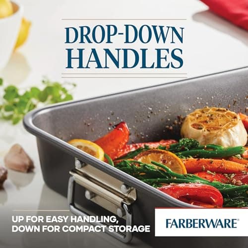 Farberware Bakeware Nonstick Steel Roaster with Flat Rack, 11-Inch x 15-Inch, Gray 6