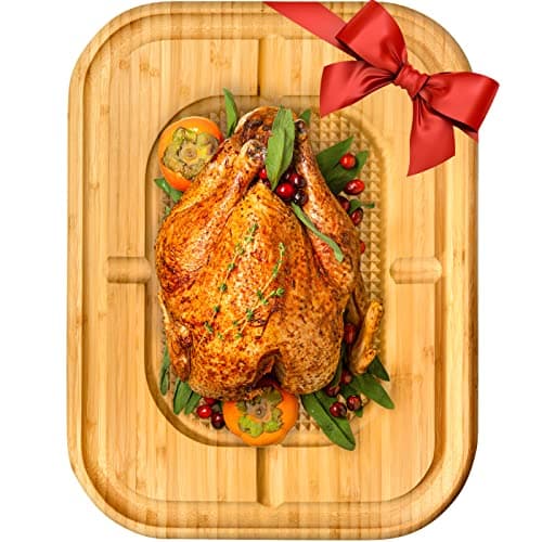 Meat Cutting Board - Large 18"x12" Reversible Bamboo Carving Board for Turkey - Heavy Duty Butcher Chopping Block with Deep Juice Groove, Spikes, & Grip, Kitchen Platter, Christmas Gift