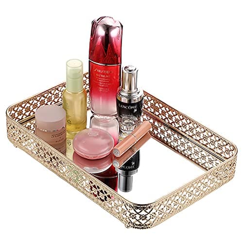 ELLDOO Perfume & Makeup Vanity Tray - Hollow-Carved Jewelry Storage, Glass & Metal Trinket Organizer for Dresser & Bathroom Countertop, Gold, Medium Size 8