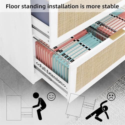 HOPUBUY 2 Drawer File Cabinet with Lock, Printer Stand Lateral Filing Cabinets for Home Office and School, Wood Rattan File Cabinet for Hanging Files/Letter/Legal/A4/F4 Size, White 6