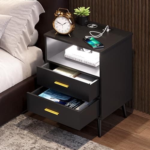 LVSOMT 20'W Fluted Nightstand, Night Stand with Charging Station and LED Lights, RFID Lock Hidden Drawer, Mid Century Morden Bedside Table for Bedroom, 2 Drawers and Open Storage Cubby, Black 7
