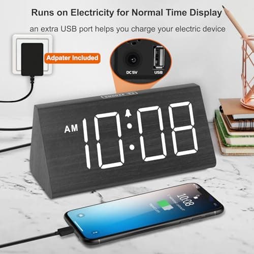 DreamSky Wooden Digital Alarm Clocks for Bedrooms - Electric Desk Clock with Large Numbers, USB Port, Loud Alarm for Heavy Sleepers, Adjustable Volume, Dimmer, DST, Wood Décor Gifts, Adapter Powered 5