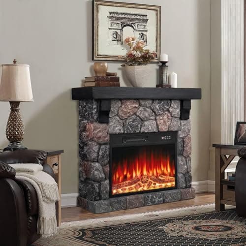 BOSSIN 36" Electric Fireplace with Mantel, 23 inch Electric Fireplace Insert, TV Stand Freestanding Heater with Remote Control Timer LED Flame for Living Room Bedroom,Faux Stone Gray 7