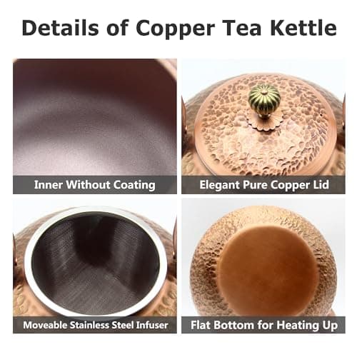 YJX Copper Tea Kettle For Stovetop, Japanese Style Non-Coating Pure Copper Teapot with Stainless Steel Infuser For Loose Tea, Large and Solid Tea Pot For 3-7 Cups (2000ml) 7