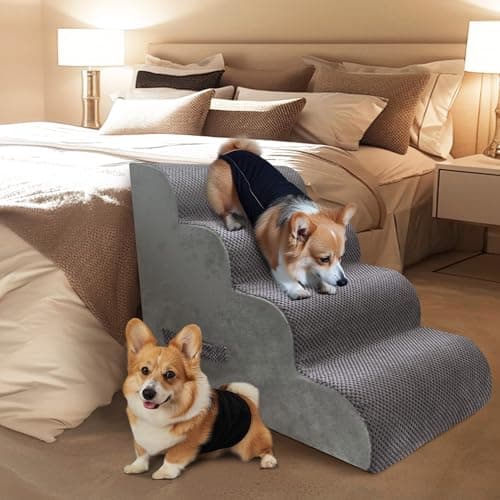 PAWSCRAT Dog Stairs 4 Steps, 19.6 inch High, Curved Steps and Small Step Angle Protect Your Pet's Joints, Beige 4-Step (Gery, 4-Step, 4.0) 8