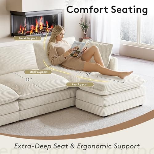 ROWHY 104'' Modular Sectional Cloud Couch with Movable Ottoman, 4 Seat Modern Corduroy Sofa, Deep Seat L Shaped Couch for Living Room Bedroom Apartment, Beige 7