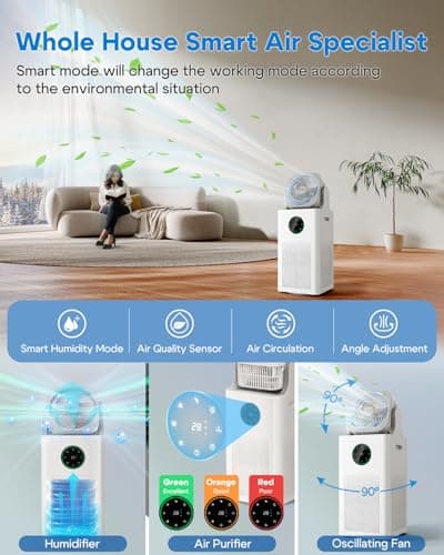 YOKEKON Humidifier and Air Purifier in One,Air Purifier and Humidifier Combo with Oscillating Fan, Evaporative Large Room Bedroom, Sleep Mode, Timer, Baby Adults Office,White, 4L 5
