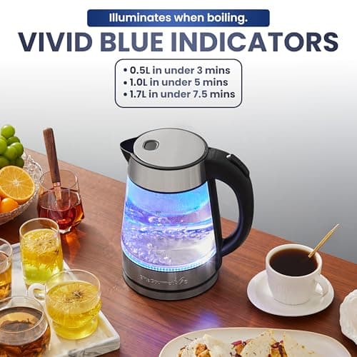 Elite Gourmet EKT-602 Electric BPA-Free Glass Kettle, Cordless 360° Base, Stylish Blue LED Interior, Handy Auto Shut-Off Function – Quickly Boil Water For Tea & More 7