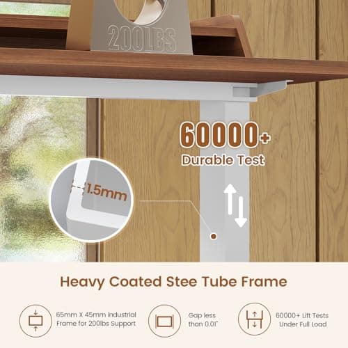 SEDETA Standing Desk with Storage, 55" Fluted Stand Up Desk with Power Outlets & LED Lights, Height Adjustable Table with Monitor Shelf for Home Office, Gaming, Brown + White 6