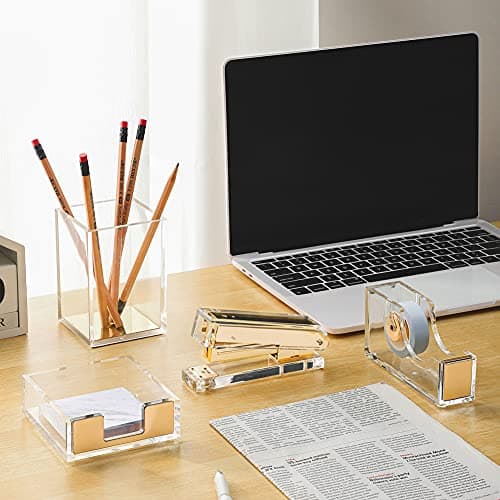 Acrylic Gold Tape Dispenser & Desktop Stapler, Includes Staple Remover, Tape, 1000pcs Staples - Cute Office Stapler Set for Modern Design Desk Accessory Kit 5