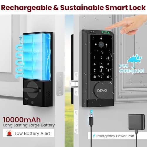 DEVO G1 Video Smart Lock with Camera & Doorbell, 6-in-1 Keyless Entry Door Lock with Fingerprint, App Remote, Auto Lock, Built-in Wi-Fi Smart Deadbolt for Front Door, IP65 Waterproof, Easy Install 6