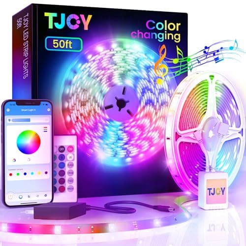 TJOY 50ft Bluetooth LED Strip Lights, Music Sync 5050 LED Light Strip RGB Color Changing LED Lights Strip with Phone Remote, LED Lights for Bedroom Kitchen TV Party TIKTOK DIY (APP+Remote +Mic)