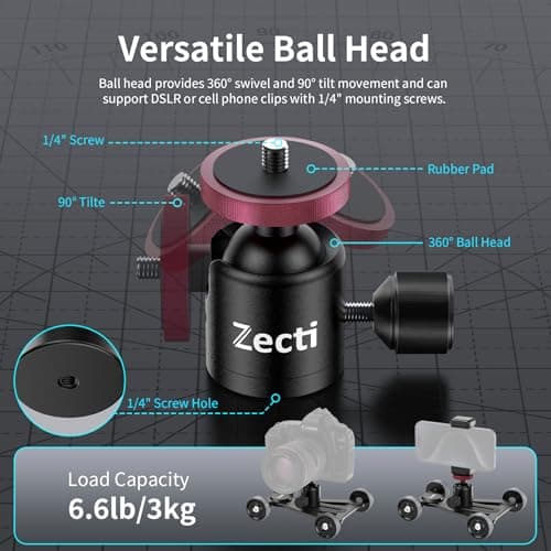 Camera Slider Dolly with Ball Head & Phone Clamp, 360° Panorama Silent Movement Camera Dolly Car Compatible with DSLR, Camcorder, Gopro, iPhone, Smartphone 5