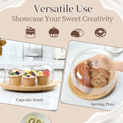 Ohuhu Cake Stand with Lid, Bamboo 2-in-1 Cake Turntable Cake Holder Plate Serving Platter with Acrylic Dome Three Detachable Supports for Birthday Kitchen Party Baking Decorative Mothers Day Gifts 5