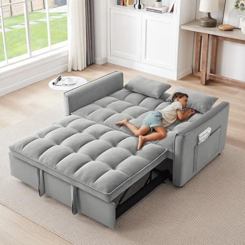 3 in 1 Sleeper Sofa Bed,Velvet Convertible Sofa Bed Pull-Out Bed Couch With Side Pockets,55'' Loveseat Sleeper Sofa with Adjustable Backrest for Living Room,Bedroom,Apartment and Small Space,Gray 7