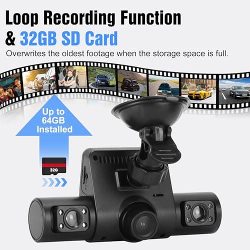 4 Channel Dash Cam Front and Rear Inside | 1080P Car DVR Video Recorder with 4 Camera | Included 32GB Card | 170° Wide Angle | IR Night Vision | 24/7 Parking Monitor with G-Sensor | Loop Recording 6