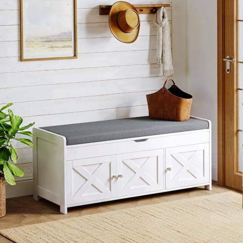 Pipishell 2-Tier Shoe Storage Bench, Entryway Bench with 3 Barn Doors, Cushion Seat, Hidden Storage, Adjustable Shelf, 200 lbs Capacity, for Entryway, Living Room, Bedroom, White (39.4″Wx15″Dx18.1″H)