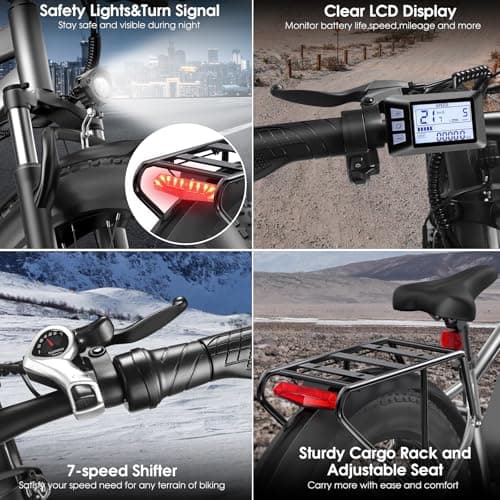 Loeook Electric Bike for Adults, 1000W Peak 25MPH 60Miles Ebike,48V 13AH Battery Electric Mountain Bike, 26" x 4'' Fat Tire Electric Bicycle with Rear Rack, Fenders, 7 Speed, UL 2849 Certified 5