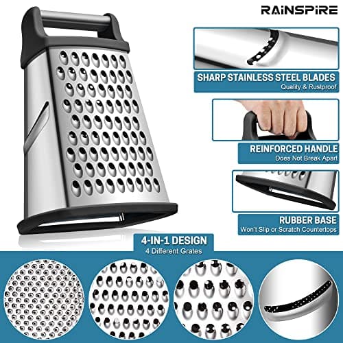 Rainspire Professional Box Grater, Cheese Grater Box for Kitchen Stainless Steel with 4 Sides, Cheese and Spice Graters with Handle for Vegetables, Ginger, Potatoes, Black 5