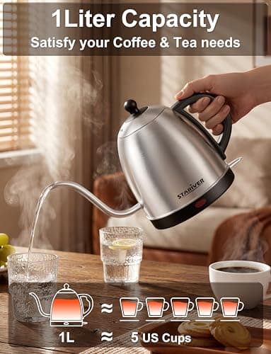 Stariver Electric Kettle Gooseneck Kettle, 1L Water Boiler, BPA-Free, Pour Over Tea Pot Stainless Steel for Coffee & Tea with Fast Heating, Auto-Shut Off and Boil-Dry Protection Tech 5