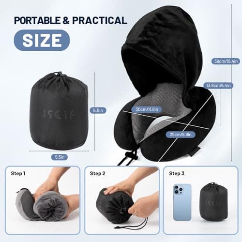 JSELF Travel Pillow with Hood, Neck Pillow for Airplane, Hooded Neck Pillow for Travel, Long Flight, Car, Plane, Office, Sleeping, 100% Pure Memory Foam Head Chin Support Airplane Pillow - Black 6