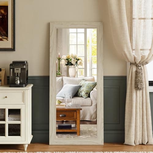 Syndra Modern Full Length Mirror Wood Frame, 56x20'' Large Floor Mirror with HD Tempered Glass & Wall Mount Option, Rectangular Standing Mirror for Bedroom, Living Room, Entryway, Farmhouse(Off-White)