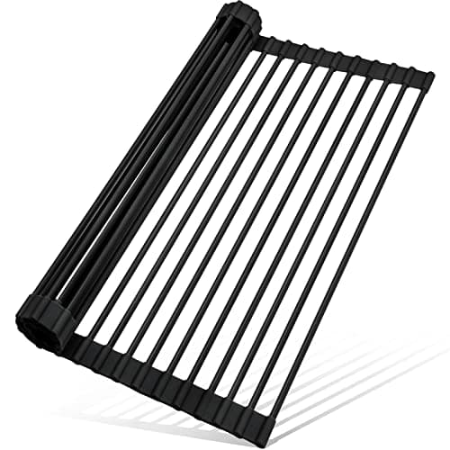 MERRYBOX Roll Up Dish Drying Rack Silicone Wrapped Over The Sink Dish Drying Rack Multipurpose Foldable Sink Drying Mat Anti-Slip & Anti-Rust Dish Rack for Kitchen, 17.5" x 13", Black