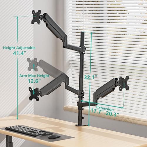 WALI Triple Monitor Mount for 13-32 inch Screens, Full Adjustable 3 Monitors Desk Mount with Clamp & Grommet Base, Gas Spring Monitor Arm, up to 19.8lbs Each, VESA 75x75 100x100 mm (GSDM003XL), Black 5
