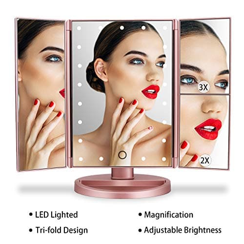 deweisn Dresser Mount Tri-Fold Lighted Vanity Mirror with 21 LED Lights, Touch Screen and 3X/2X/1X Magnification, Two Power Supply Modes Make Up Mirror,Travel Mirror 6