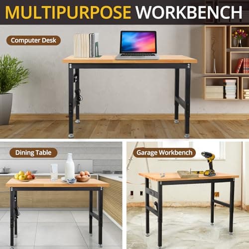HONRISE Work Bench, Height Adjustable Workbench Heavy Duty Oak Wood Desktop Work Table with Power Socket for Garage, Workshop, Office and Home(47.3 x 23.6 in) 8