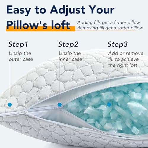 QUTOOL Cooling Pillow for Sleeping, CertiPUR-US Shredded Memory Foam Queen Pillows Set of 2, Cool Pillow for Hot Sleepers Adjustable Firm Pillow for Side, Back, Stomach Sleepers Soft Yet Support,White 9