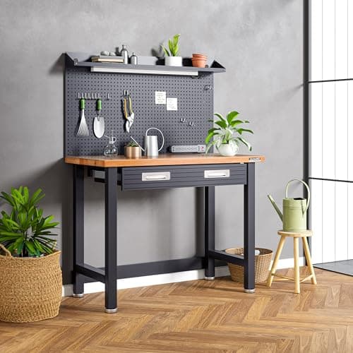 Seville Classics UltraHD Heavy Duty Commercial Lighted Workcenter w/Pegboard, 500 lbs. Weight Capacity for Garage, Warehouse, Workshop, Solid Wood Top, Graphite, 48" W x 24" D x 65.5" H 6