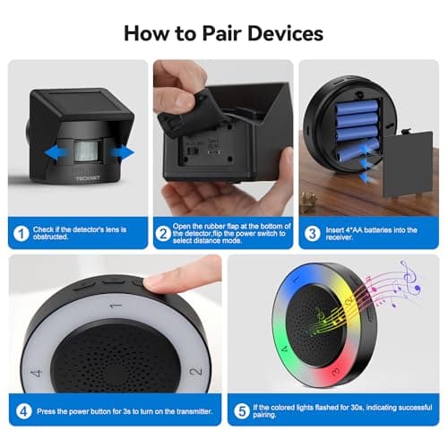 TECKNET Solar Wireless Driveway Alarm with 2600FT Long Range & 36 Melodies & 5 Volumes and Supports 4 Zones Weatherproof Motion Sensor Alarm to Protect Inside/Outside Property (1 Receiver 1 Sensor) 7
