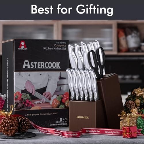 Knife Set, Astercook 15 Pieces Kitchen Knife Set with Built-in Sharpener, German Stainless Steel Knife Block Set, Razor-Sharp Knives with Full-tang Handle, Dishwasher Safe, Valentine's Gift 9