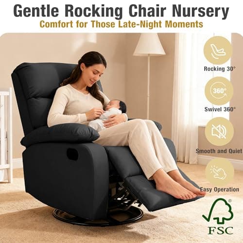 hzlagm Swivel Rocker Recliner, Rocking Recliners Chair for Small Spaces, Small Rocker Recliner Chair, Nursery Rocking Chairs for Living Room, RV, Nursery, Black 5