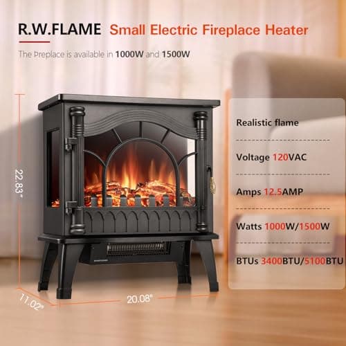 R.W.FLAME Electric Fireplace Heater, 20" Freestanding Fireplace Infrared Stove 1000W/1500W, 3D Realistic Flame Effects, Adjustable Brightness and Heating Mode, Overheating Safe Design 6