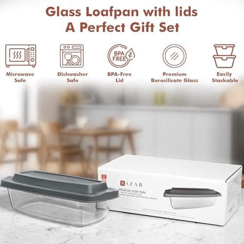 Razab LARGE 7.6 Cups/1800 ML/1.9 Qt Glass Loaf Pan with Lids - Meatloaf Pan BPA free Airtight Lids Grip Handle Easy Carry, Microwave and Oven Safe - Loaf Pans For Baking Bread, Cakes, Glass Loaf Pan 9