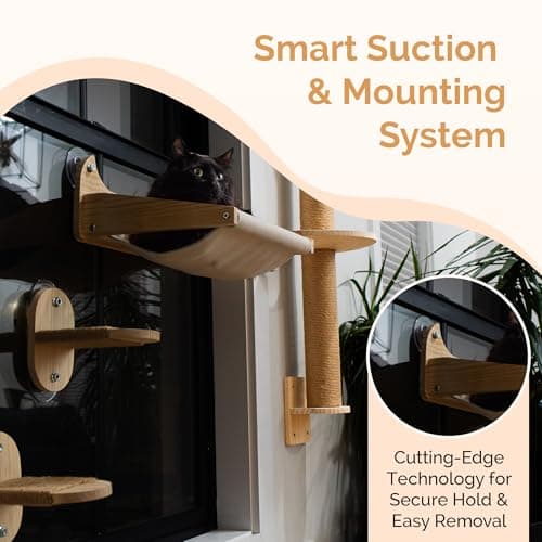 Pet Savvy 4-in-1 Window & Wall Mount Cat Wall Shelves – Hammock, Scratching Post & Perch | Fits up to 40 lbs | Space-Saving Pet Furniture for Windows, Glass & Drywall | Modern Wood Cat Shelf Set 5