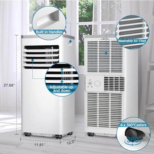 R.W.FLAME Portable Air Conditioner,8000 BTU Powerful Home AC Unit with Built-in Dehumidifier & Fan Mode,Cools 350 Sq.Ft,Functional Portable AC with Remote Control,24Hrs Timer,Installation Kit, White 6