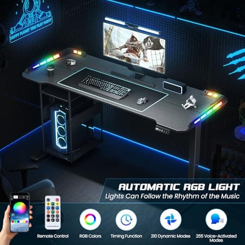 Gaming Standing Desk with LED Lights & Host Shelf, 55" x 24" Gaming Table with Music Sensing APP Control, Underdesk Cable Storage Electric Standing Desk, Black Carbon Fiber PC Table for Home Office 5