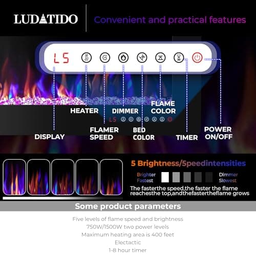 Ludatido 50 Inch Electric Fireplace Wall Mounted/Recessed, Electric Fireplace Insert with 51000BTU for 410 sq ft Room, Multicolor Flame with Timer/Touch Screen/Remote 5