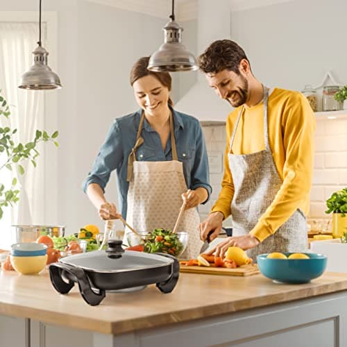 Moss & Stone Square Nonstick Electric Skillet With Lid, Aluminum 12x12 Inch Electric Frying Pan 5Qt, Nonstick Cooking Surface, Adjustable Temperature Control, Vented Glass Lid, Heat-Resistant Handle 6