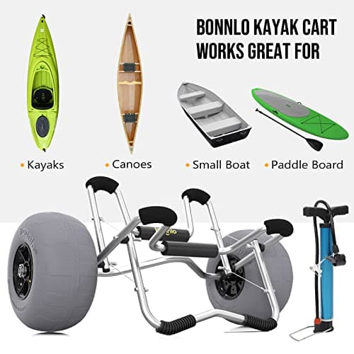 Bonnlo Deep U Kayak Cart Trolley Canoe Paddle Board Boat Cart Carrier Dolly with 12" Big Beach Wheels Balloon Kayak Wheels Cart Foldable, Free Pump, 2 Ratchet Straps- Perfect for Soft Sand (Silver) 8
