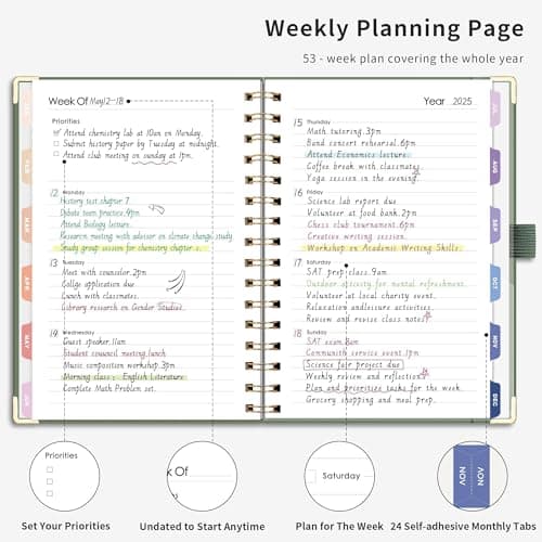 RETTACY Undated Planner, Weekly and Monthly, 53 Weeks and 12 Months, Medium Size (5.7" x 8.3"), 24 Self-adhesive Monthly Tabs, Hardcover, 100 GSM Thick Paper, Spiral-bound (Light Green) 2